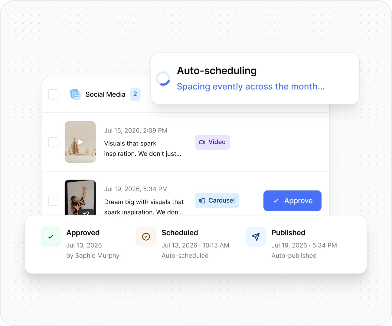 Approved posts being auto-scheduled across the month